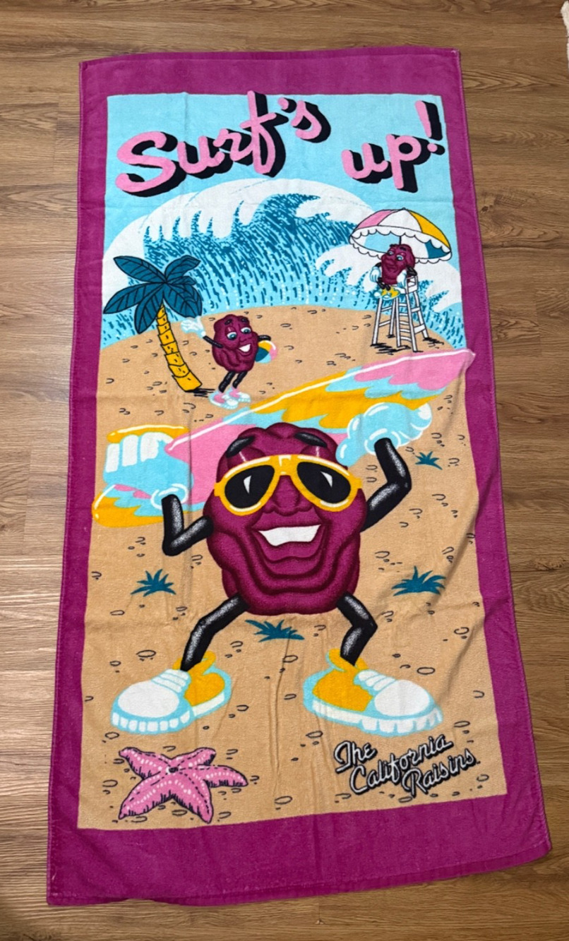 Vintage 1987 California Raisins Surf's Up Beach Towel NOS 100% Cotton 80s